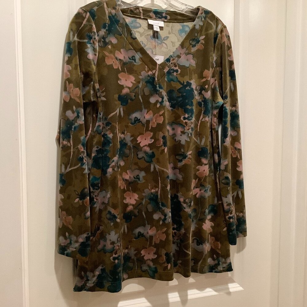 J.Jill Velour V-Neck Tunic, Ochre Moody Watercolor, size XS NWT
